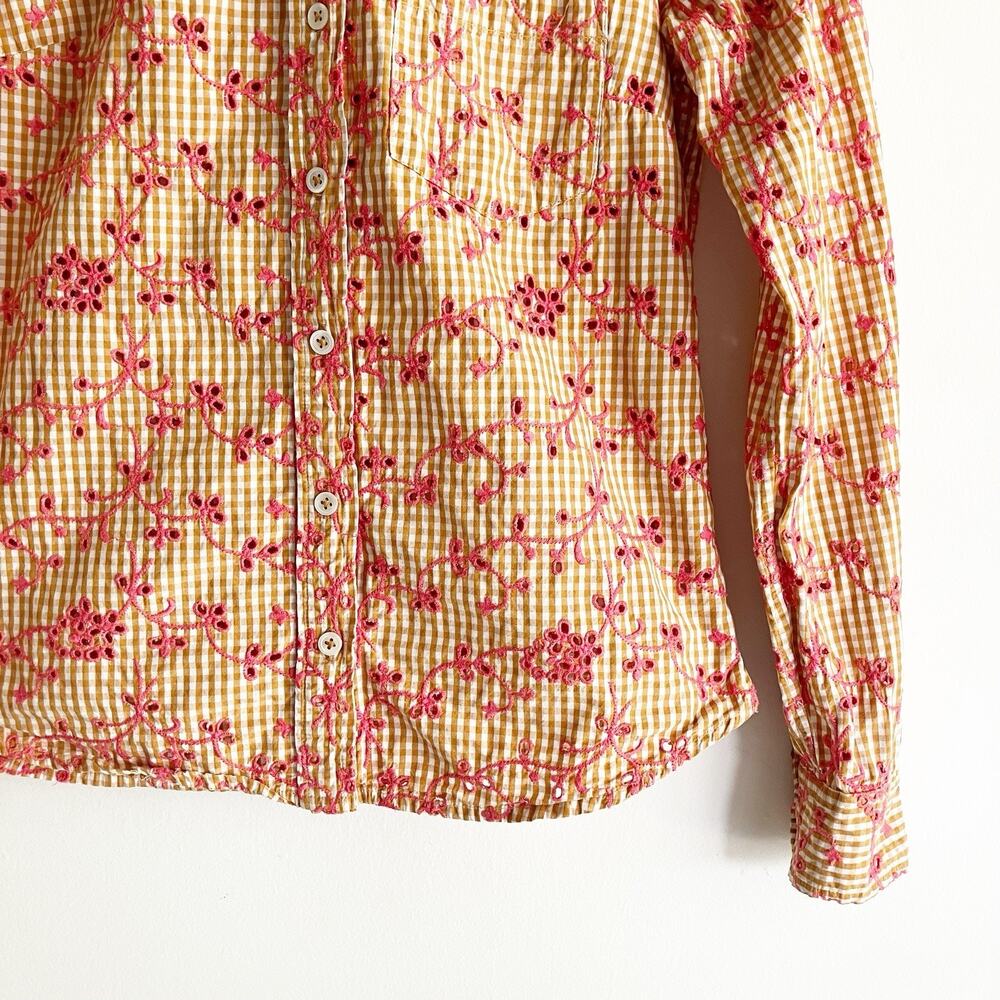Anthropologie Odille 4 Eyelet Gingham Blouse Button Front Long Sleeve Orange Red - Picture 5 of 7